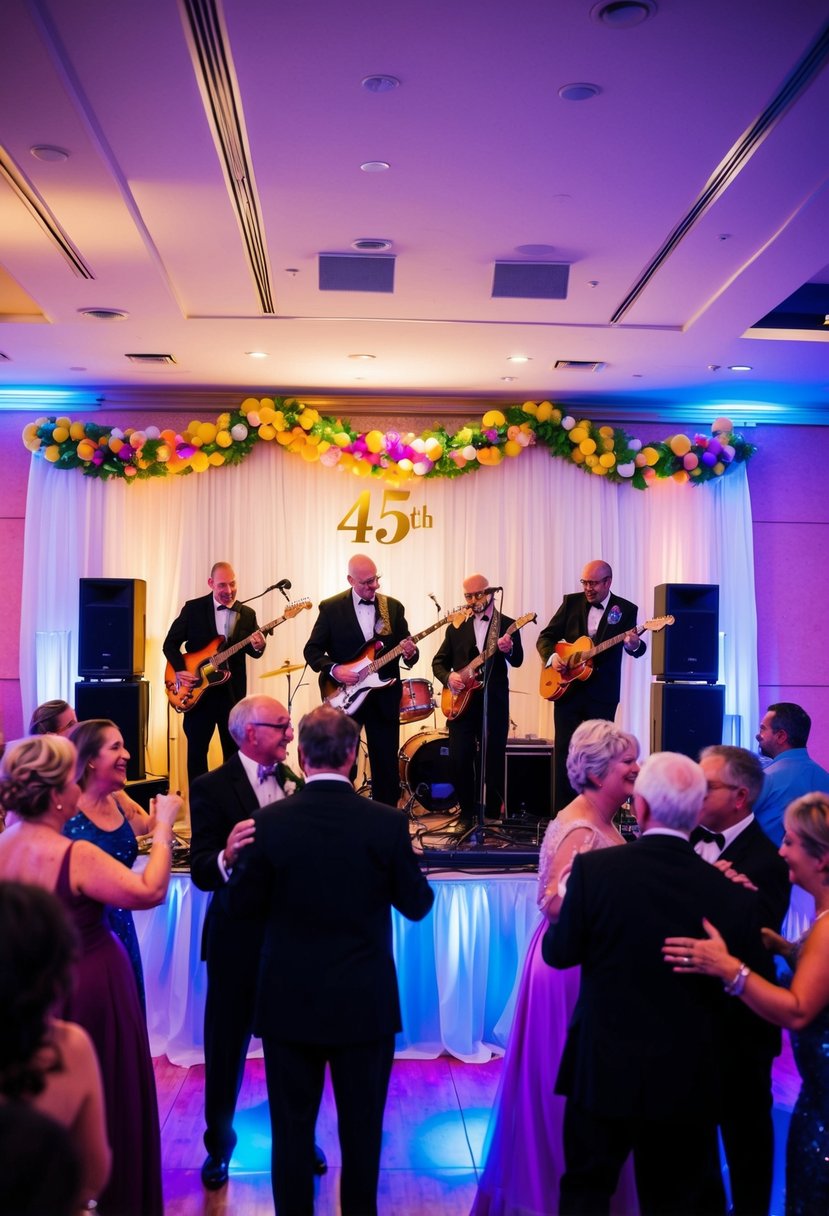 A live band performs on stage at a 45th wedding anniversary party, surrounded by dancing guests and colorful decorations