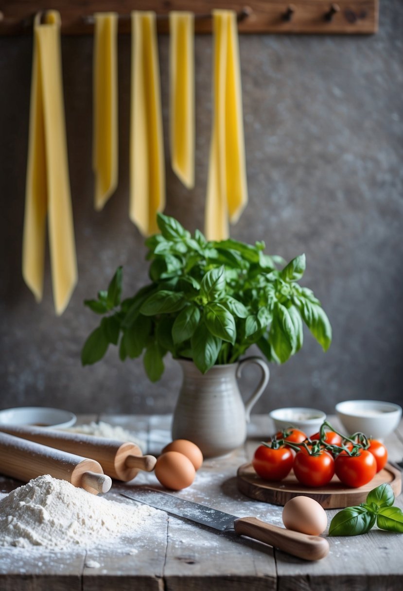 A rustic table with flour, eggs, and rolling pins. Fresh pasta hanging to dry on a wooden rack. A bouquet of basil and tomatoes in a vase