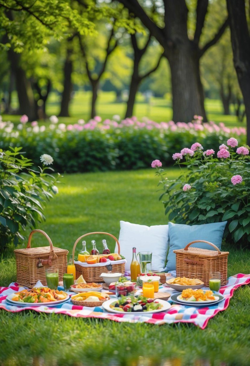 A picnic blanket spread with an array of gourmet foods and drinks, surrounded by lush greenery and blooming flowers in a tranquil park setting