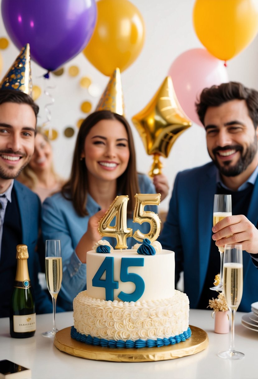 A virtual celebration with distant friends: A festive video call with champagne, balloons, and a large "45" anniversary cake displayed on a table