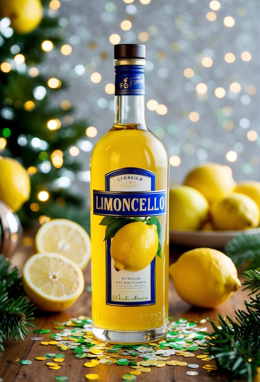 A bottle of limoncello surrounded by lemon branches and confetti on a festive table