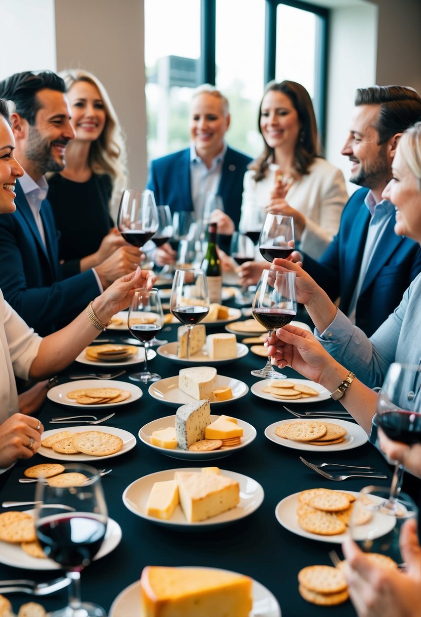 A table set with various cheeses, crackers, and glasses of wine, surrounded by happy guests mingling and enjoying the tasting experience