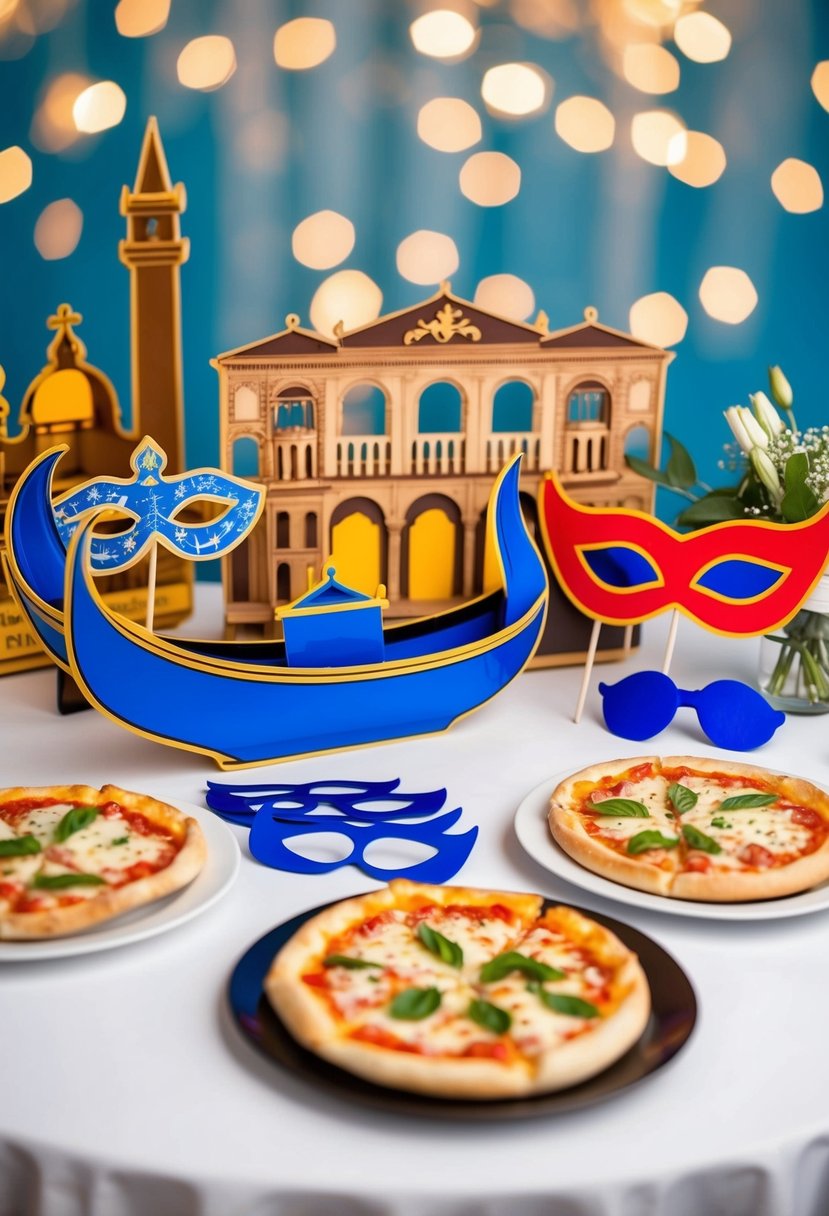 An Italian-themed photo booth with props like gondolas, Venetian masks, and pizza slices, set up for a wedding shower celebration