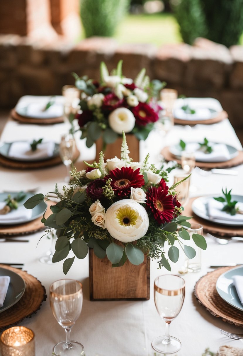 A table adorned with rustic Italian floral centerpieces for a wedding shower