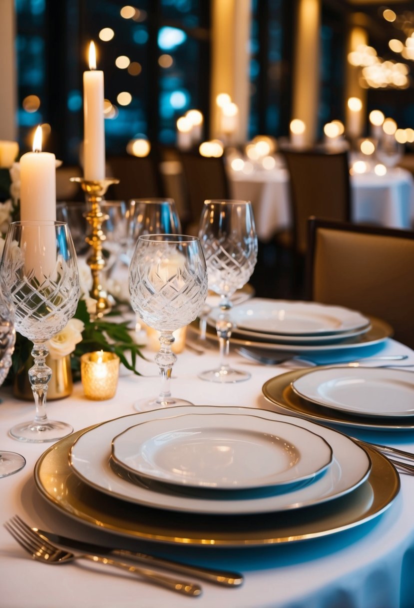 An elegant table set with fine china, crystal glasses, and flickering candlelight in a luxurious restaurant