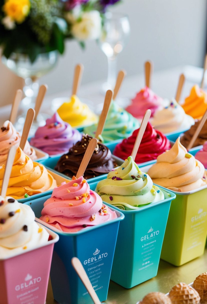 A colorful gelato bar with various flavors and toppings, set up for an Italian-themed wedding shower