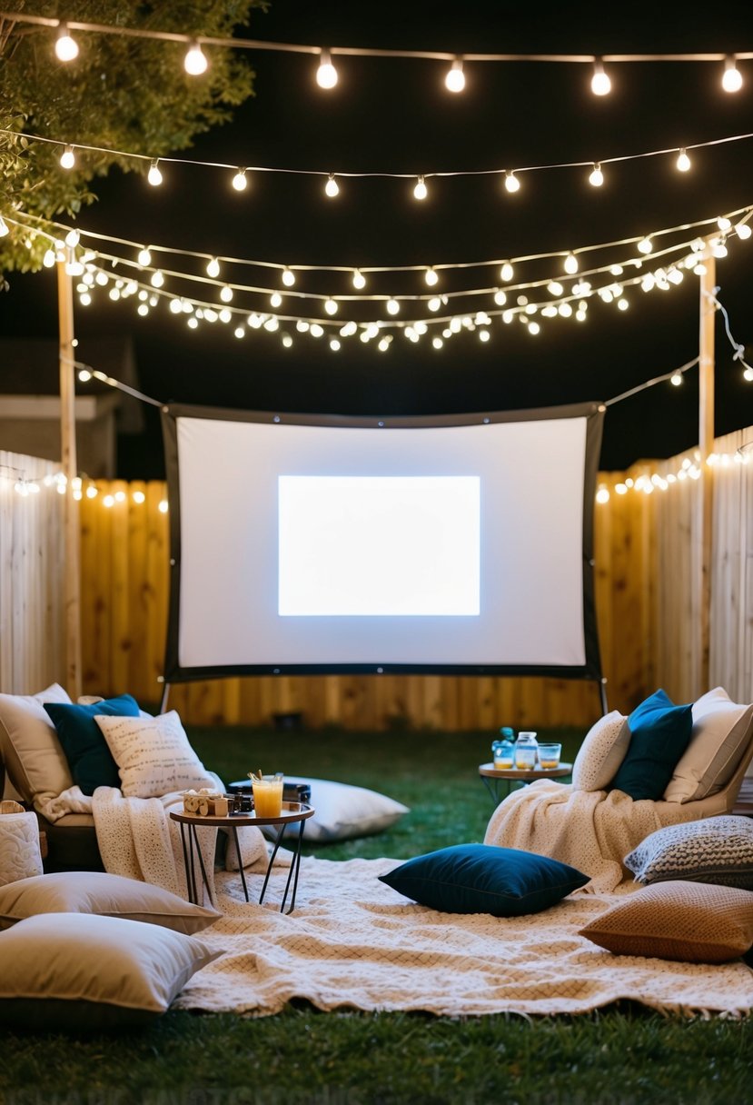 A backyard movie night: a large screen set up under twinkling string lights, surrounded by cozy blankets and cushions, with a table of snacks and drinks nearby