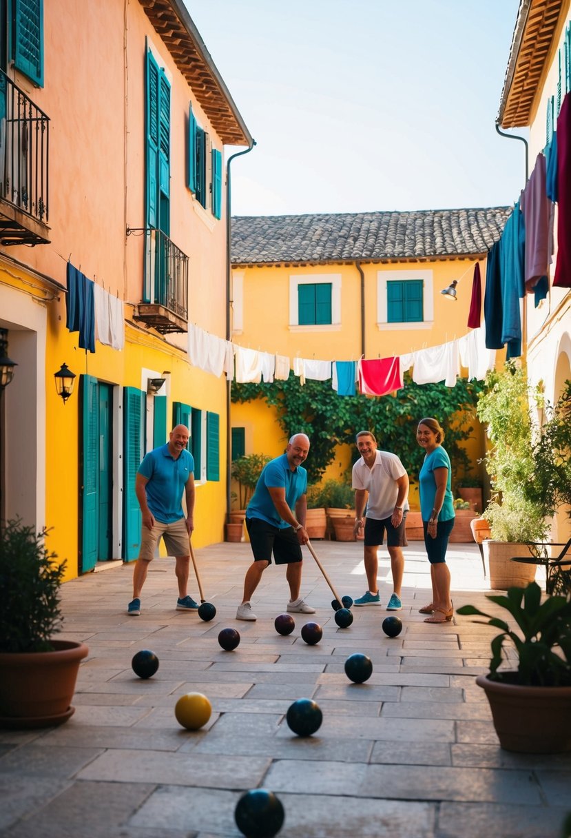 A group of people playing bocce ball in a sunlit courtyard, surrounded by colorful buildings and hanging laundry