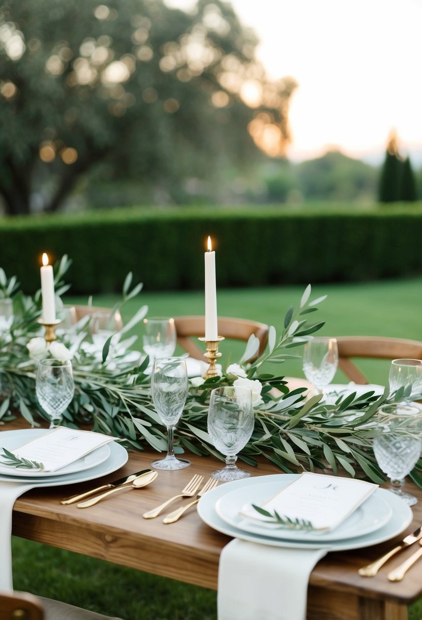 Elegant table settings with olive branch accents for an Italian wedding shower