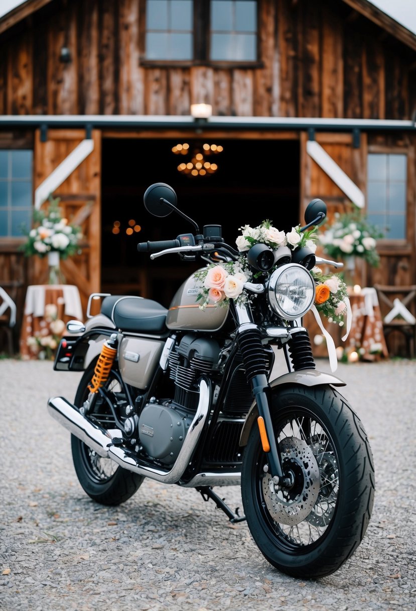 A motorcycle adorned with flowers and ribbons parked in front of a rustic barn wedding venue