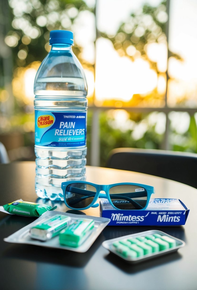 A table with a bottle of water, pain relievers, sunglasses, and a pack of mints