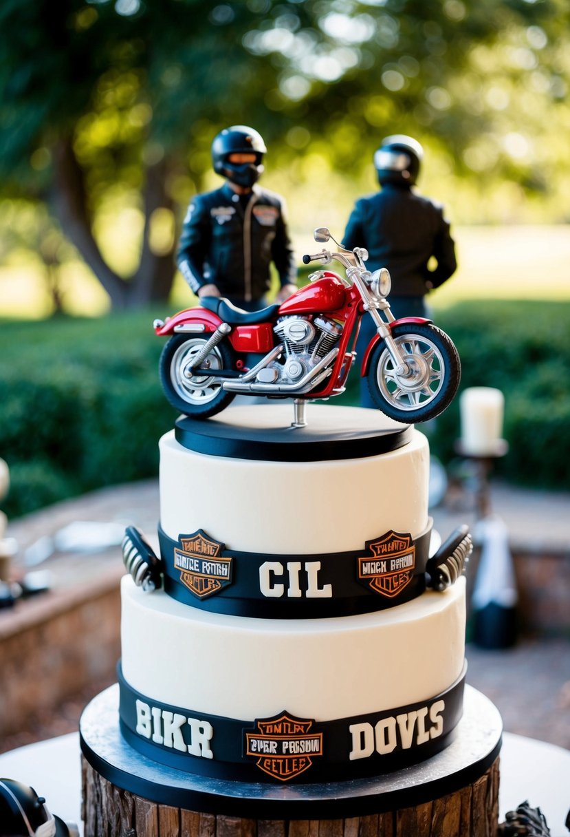 Two motorcycle cake toppers on a tiered wedding cake, adorned with biker-themed details such as leather jackets, helmets, and tattoos