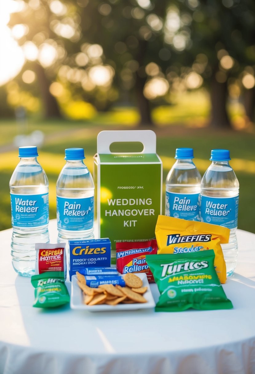 A table with water bottles, pain relievers, and snacks arranged for a wedding hangover kit