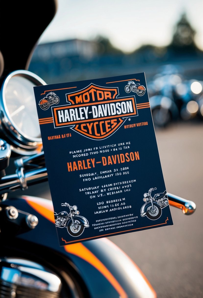 A Harley-Davidson themed wedding invitation with motorcycle and biker elements