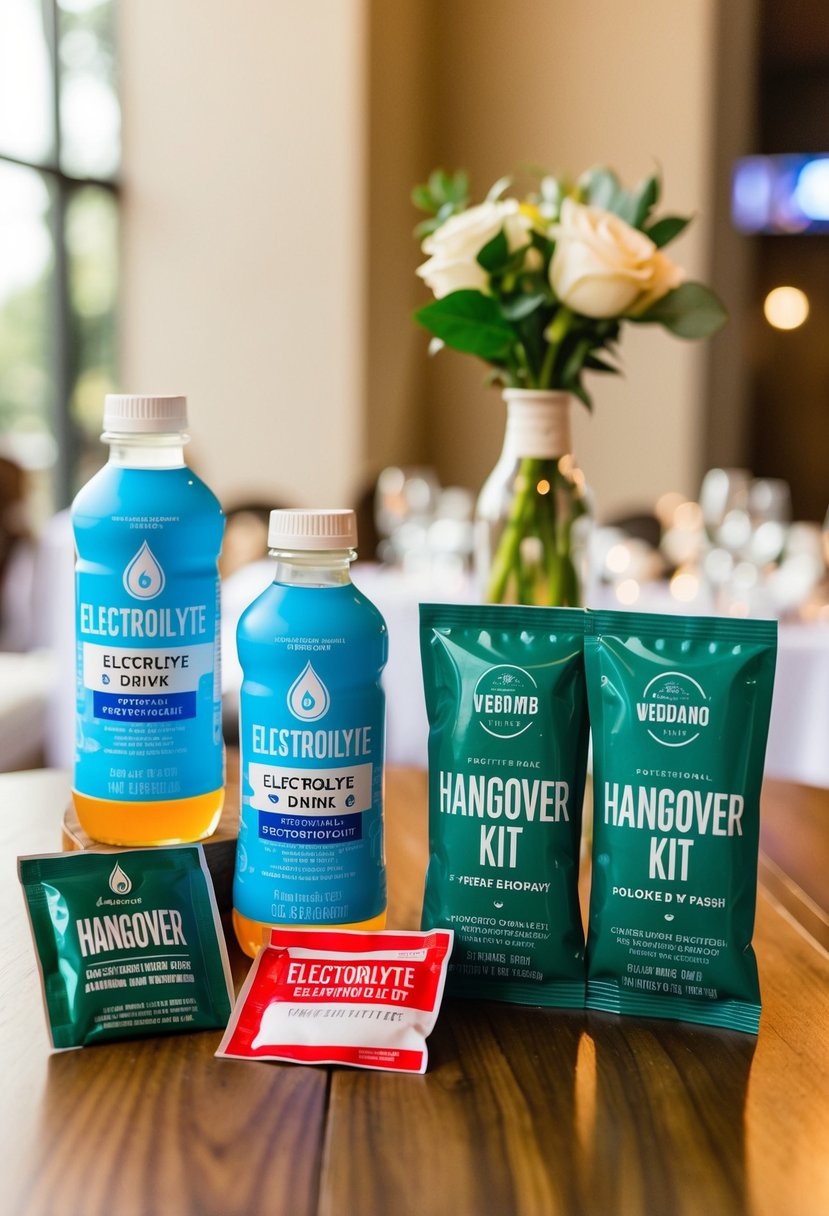 A table displays electrolyte drink packets next to hangover kit items for a wedding