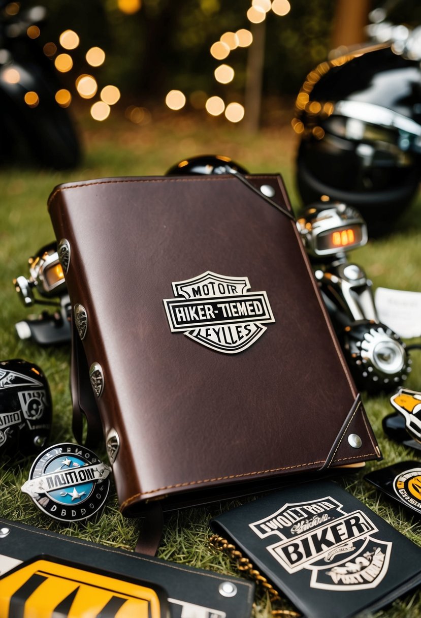 A leather-bound wedding guest book surrounded by biker-themed decor and accessories