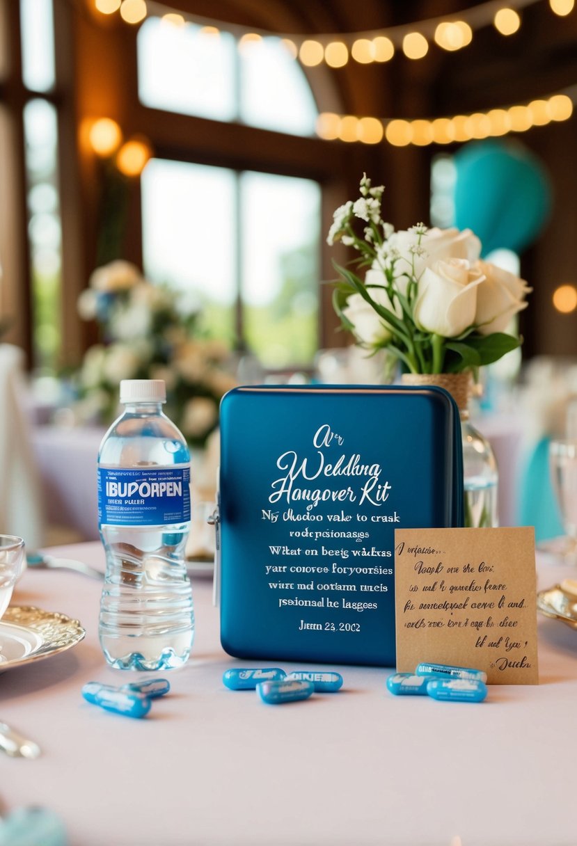 A wedding-themed hangover kit with ibuprofen, water, and a personalized note on a decorated table