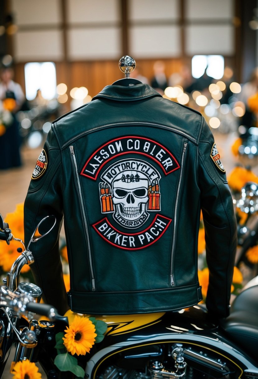 A custom biker patch adorns a leather jacket, surrounded by motorcycle-themed wedding decor and accessories