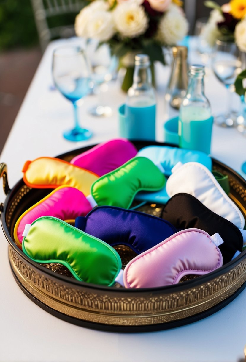 A collection of colorful reusable eye masks, along with other hangover kit items, displayed on a decorative tray for a wedding