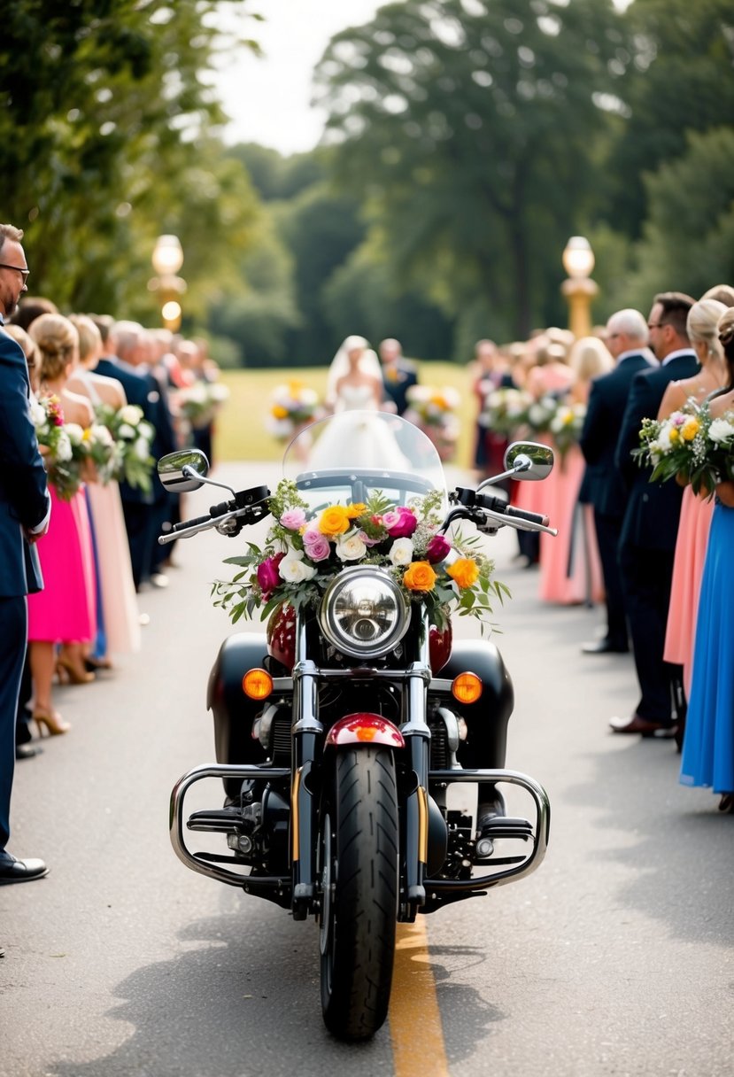 A motorcycle adorned with flowers and ribbons rides through a grand entrance, leading the way for a biker wedding ceremony