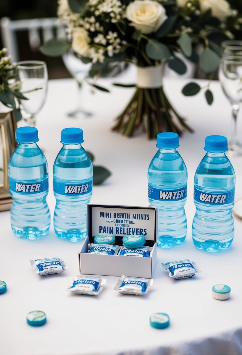 A small box with mini breath mints, pain relievers, and water bottles arranged neatly on a table, surrounded by wedding decorations