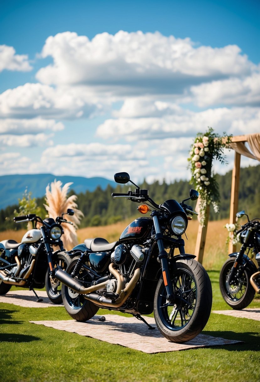 An outdoor wedding with motorcycles on display, surrounded by biker-themed decorations and a scenic backdrop of nature