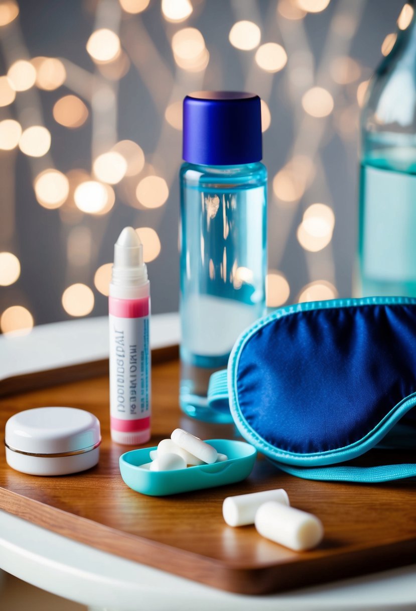 A table with lip balm, water bottle, mints, and eye mask