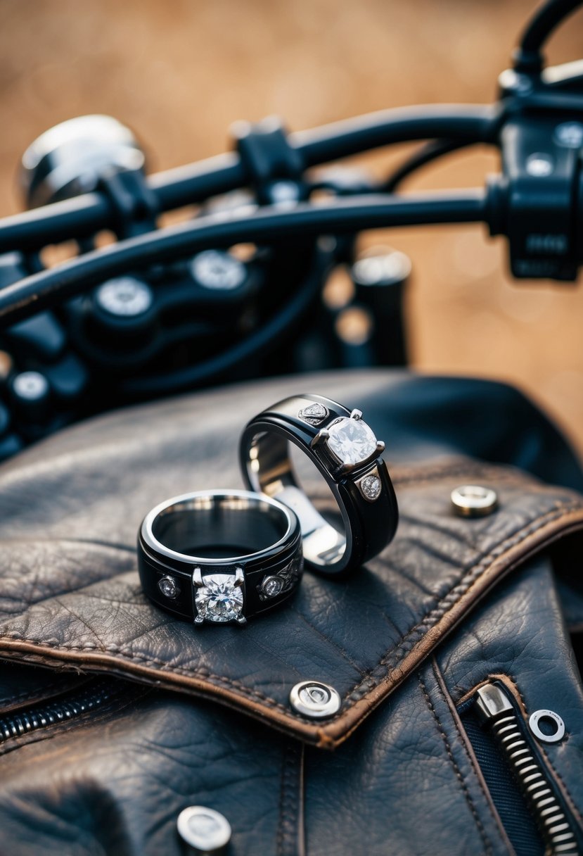 Two biker style wedding rings placed on a worn leather jacket with motorcycle gear in the background