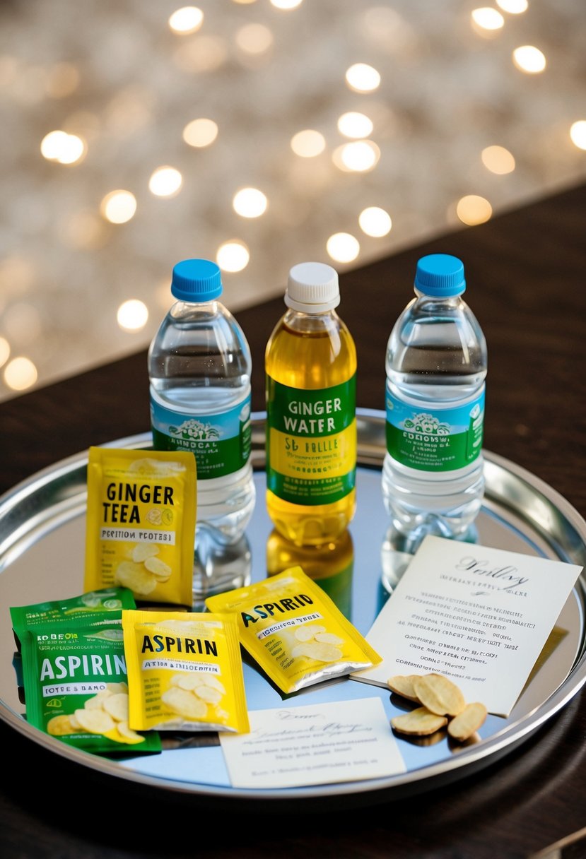 Ginger tea bags, aspirin, and water bottles arranged on a tray with a wedding invitation and a small note