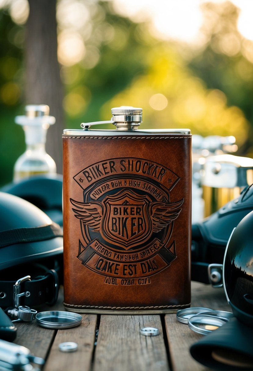 A leather flask engraved with biker-themed designs, surrounded by motorcycle gear and wedding decor