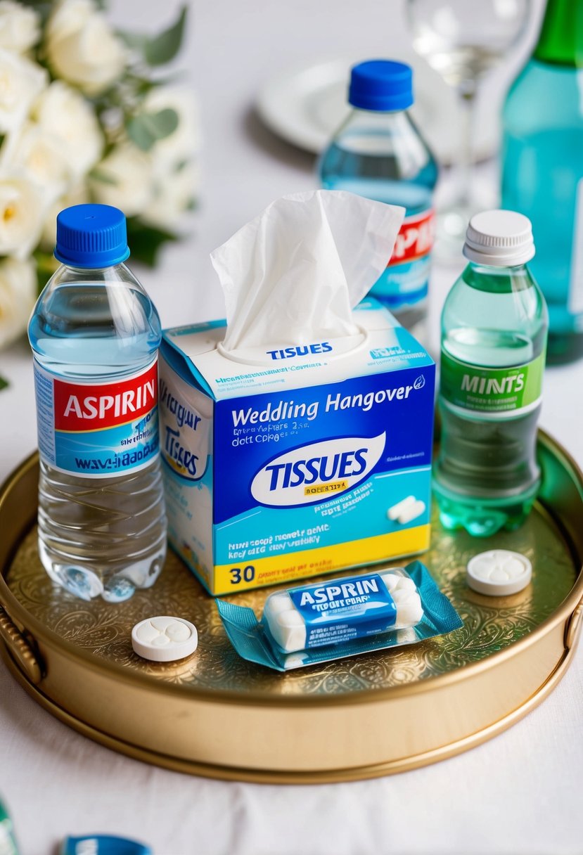 A pack of tissues surrounded by aspirin, water bottle, and mints on a decorative tray for a wedding hangover kit