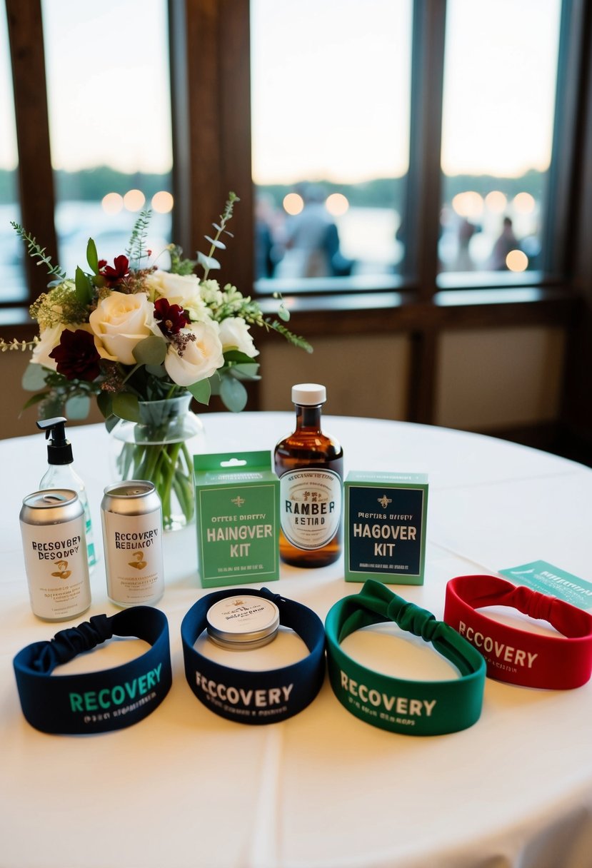 A table displays recovery headbands and hangover kit items for a wedding