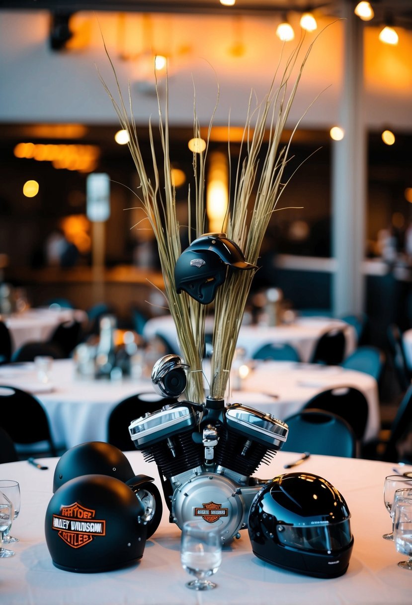 A table adorned with Harley-Davidson themed centerpieces, featuring motorcycle helmets, leather jackets, and engine parts