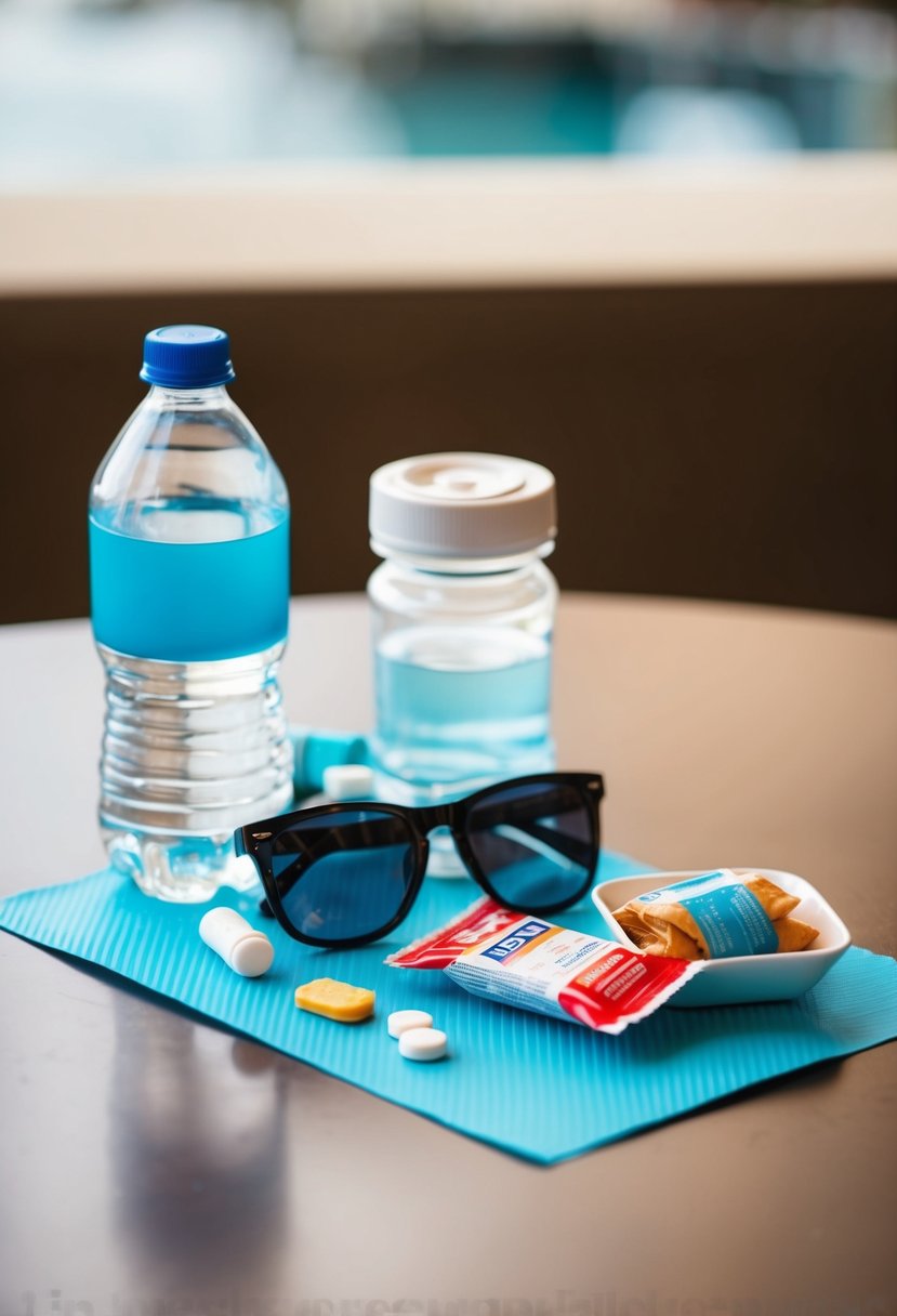 A table with sunglasses, water bottle, pain reliever, and snacks