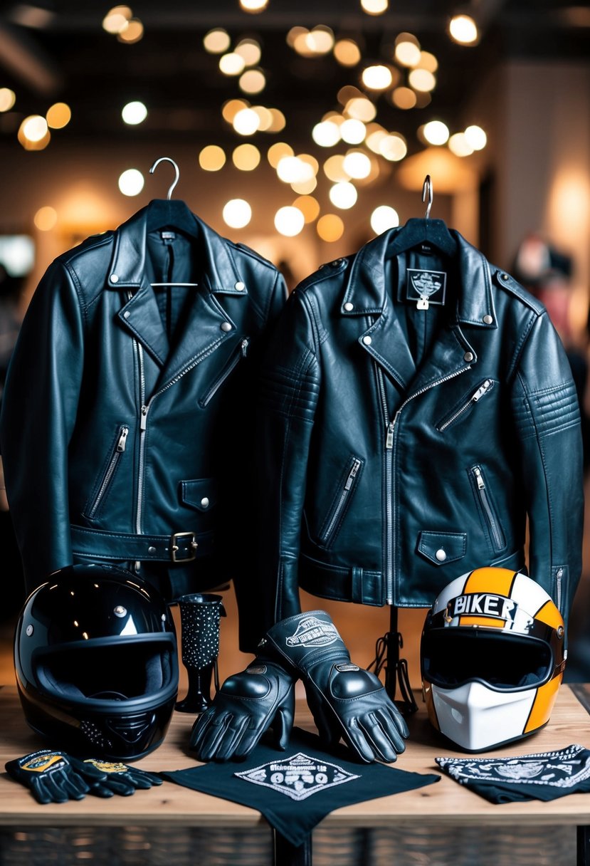 A table with biker-themed photo booth props, including leather jackets, helmets, bandanas, and motorcycle gloves