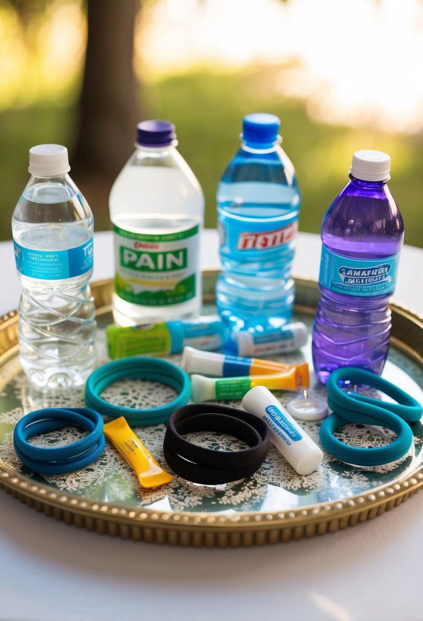 A collection of hair ties, pain relievers, and water bottles arranged on a decorative tray, with a wedding theme