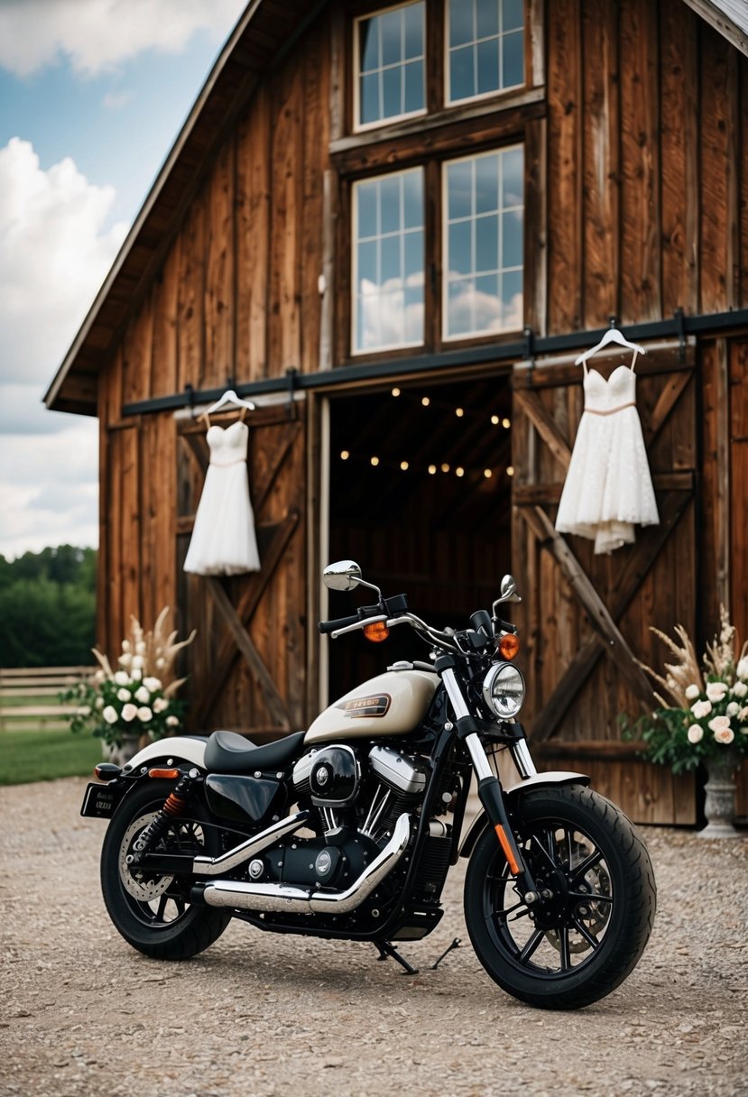 A motorcycle parked outside a rustic barn adorned with leather and lace wedding attire