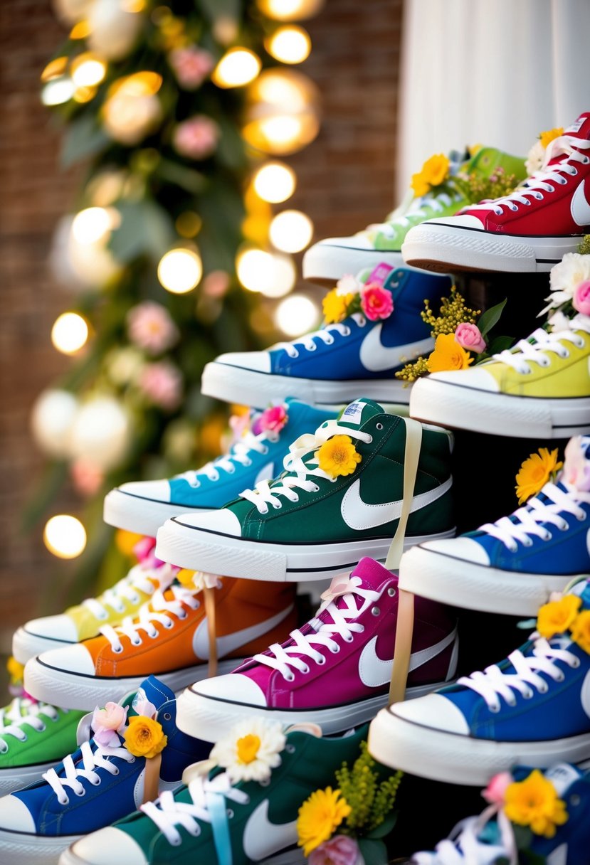 A colorful array of sneakers adorned with flowers and ribbons, arranged in a decorative display for a sneaker ball wedding