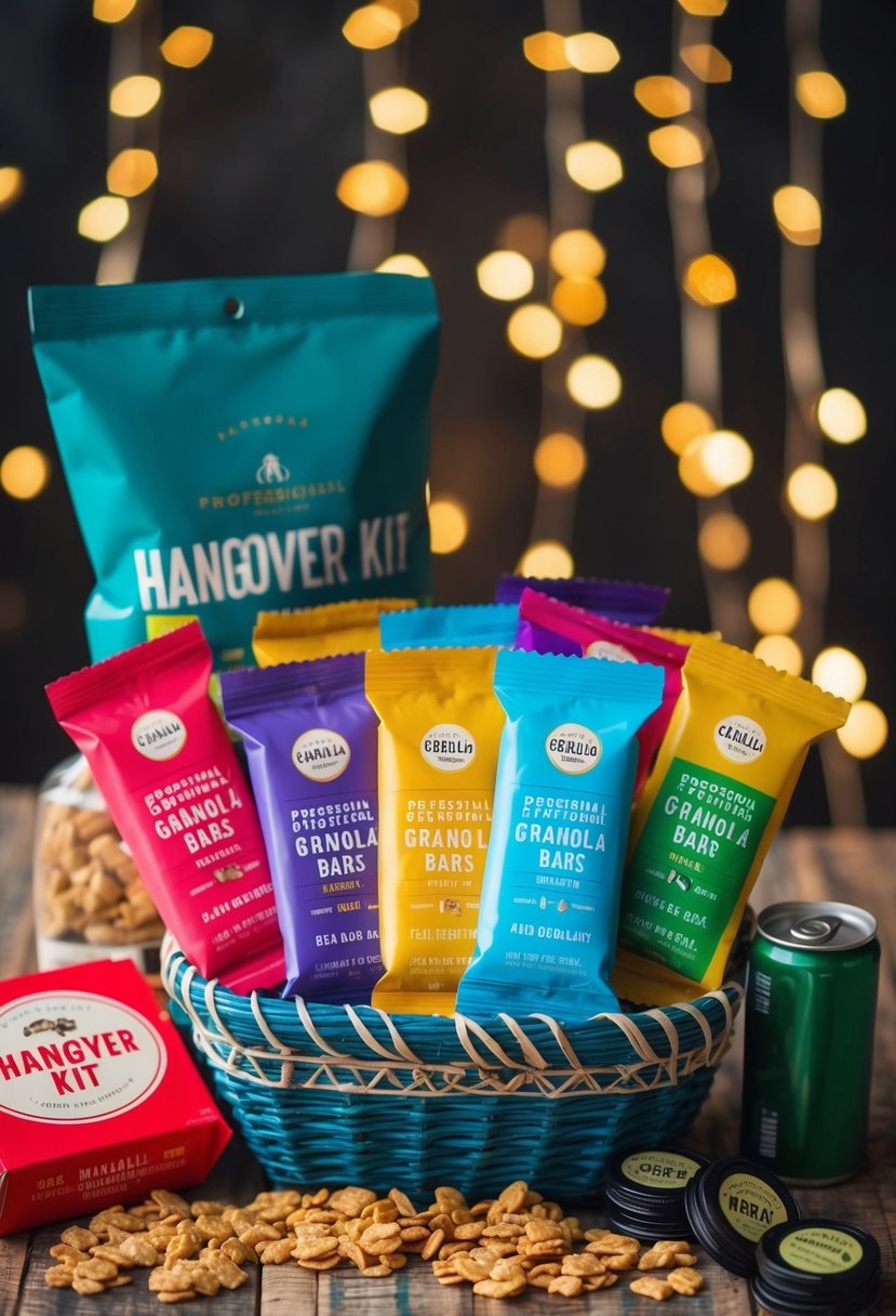 A selection of colorful, individually wrapped granola bars arranged in a decorative basket alongside other hangover kit items