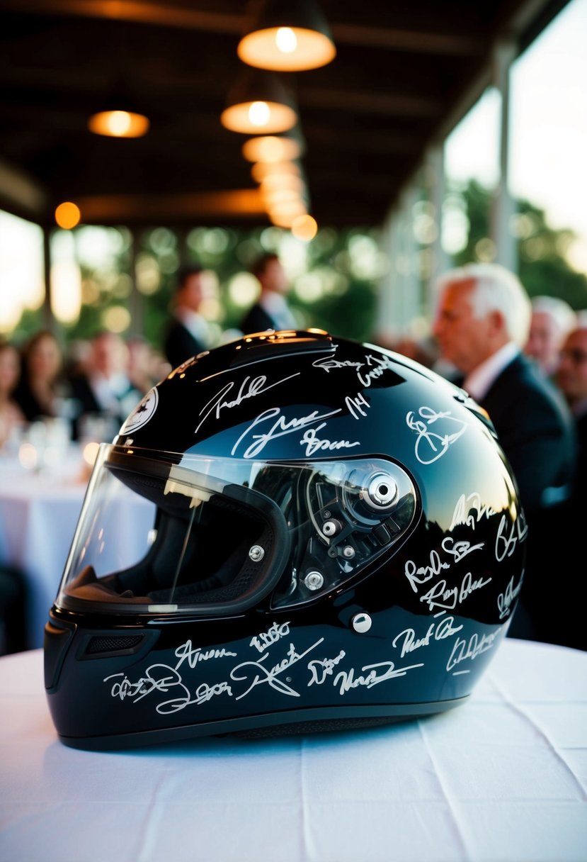 A motorcycle helmet adorned with guest signatures at a biker-themed wedding