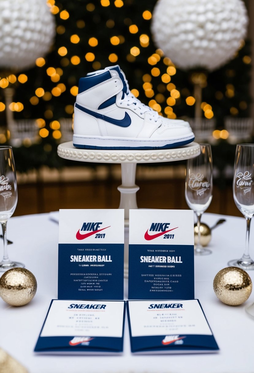 A pair of custom sneaker-themed invitations displayed on a elegant table with sneaker ball wedding decor in the background