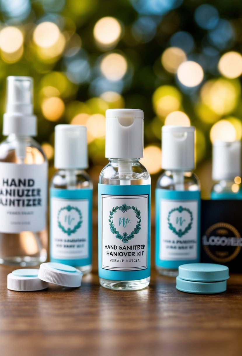 A wedding-themed hand sanitizer hangover kit with mini bottles, mints, and a personalized label