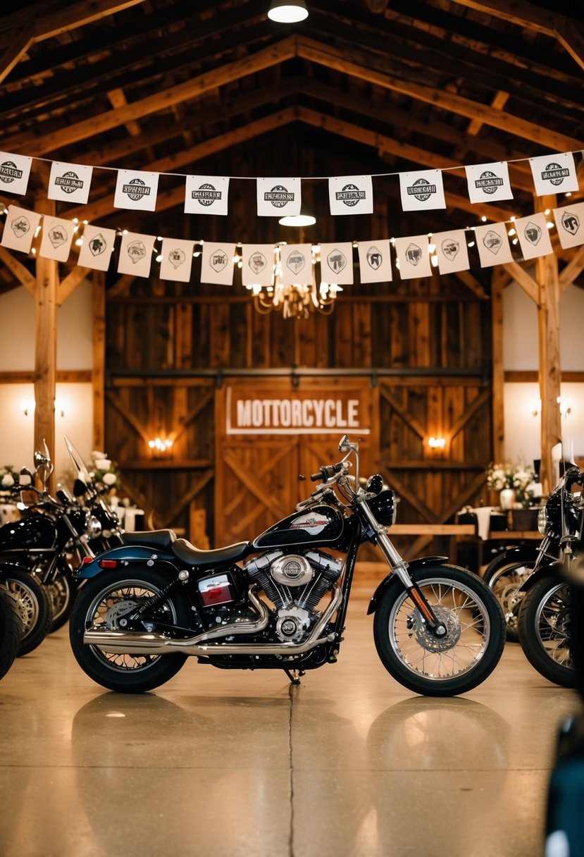 A rustic barn adorned with motorcycle-themed decor for a biker wedding