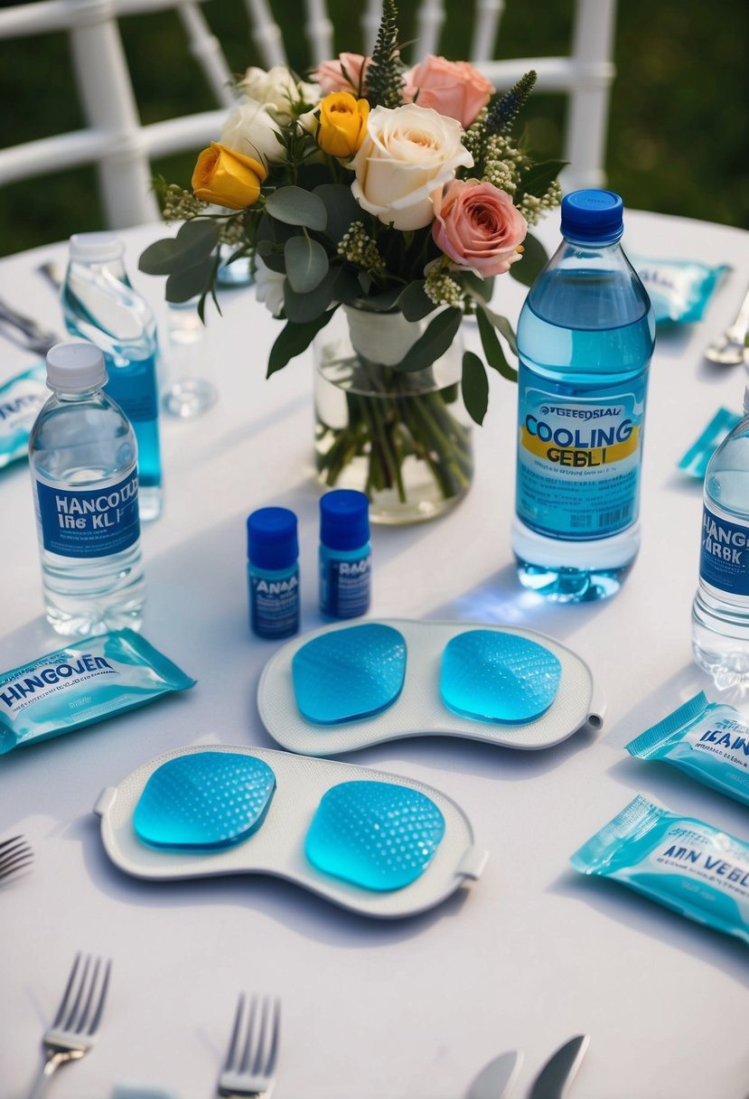 A wedding-themed table setting with cooling gel eye pads, along with other hangover kit items such as water bottles and pain relievers