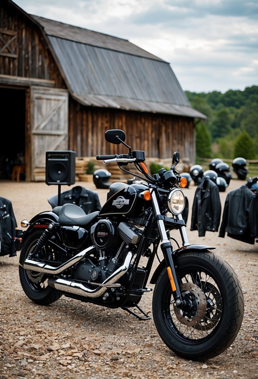 A motorcycle parked outside a rustic barn, surrounded by leather jackets and helmets. A rock playlist blares from a speaker, setting the scene for a biker wedding