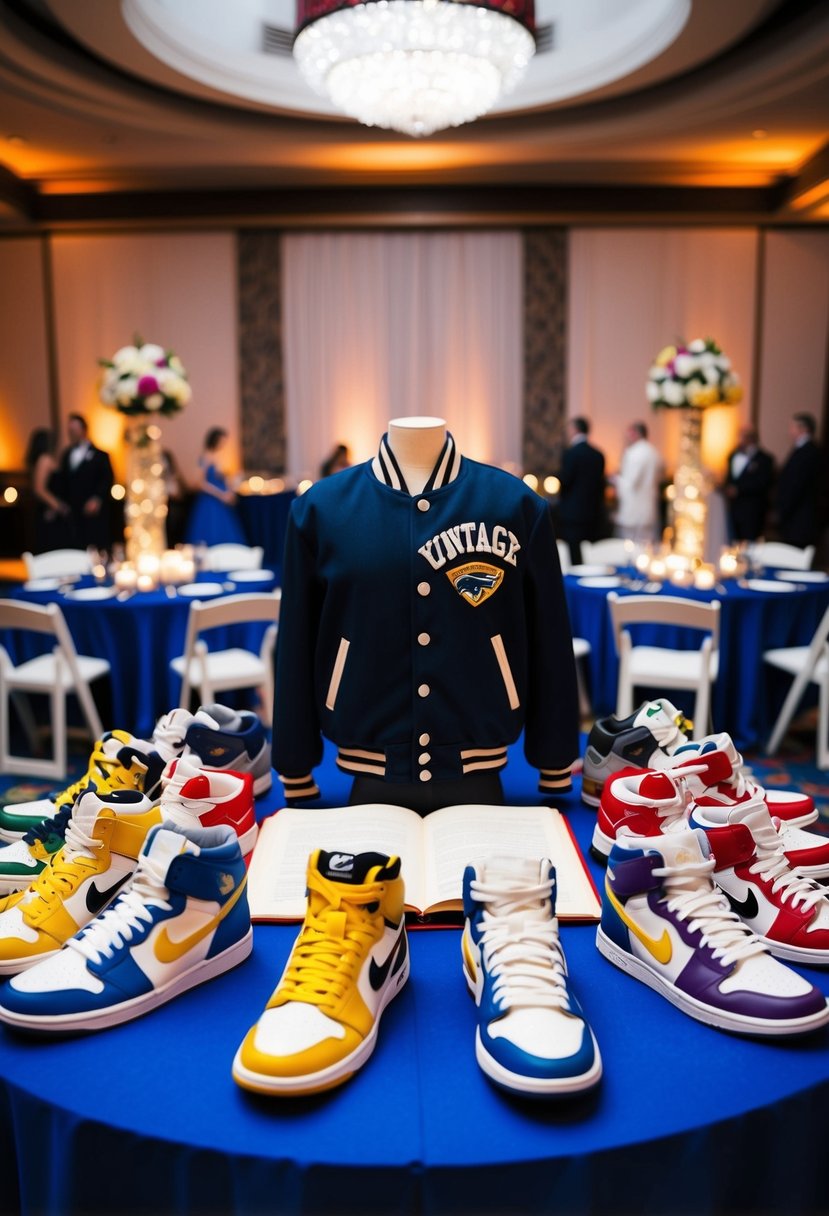 A vintage varsity jacket serves as a guest book, surrounded by colorful sneaker centerpieces at a lively ballroom wedding