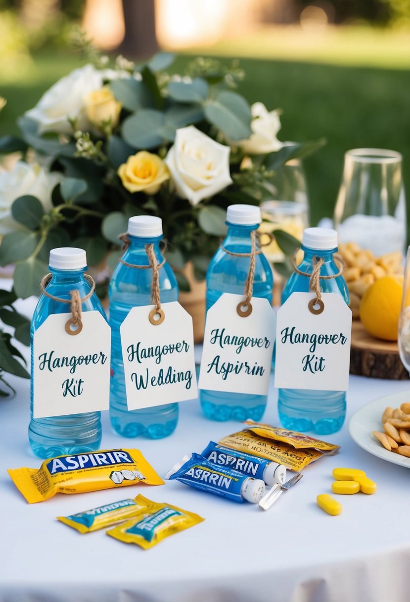 A table with personalized hangover tags, water bottles, aspirin, and snacks for a wedding hangover kit