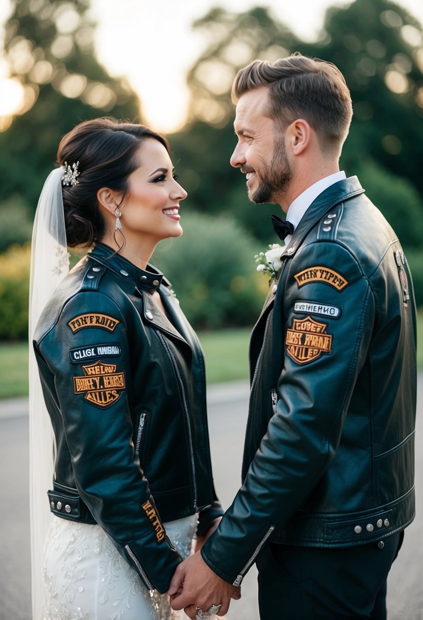 A bride and groom stand side by side, each wearing a customized leather jacket adorned with biker-inspired details