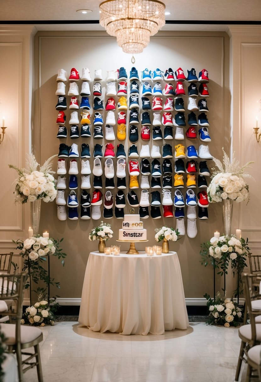 A wall adorned with various sneaker decorations, surrounded by elegant decor for a sneaker-themed wedding celebration