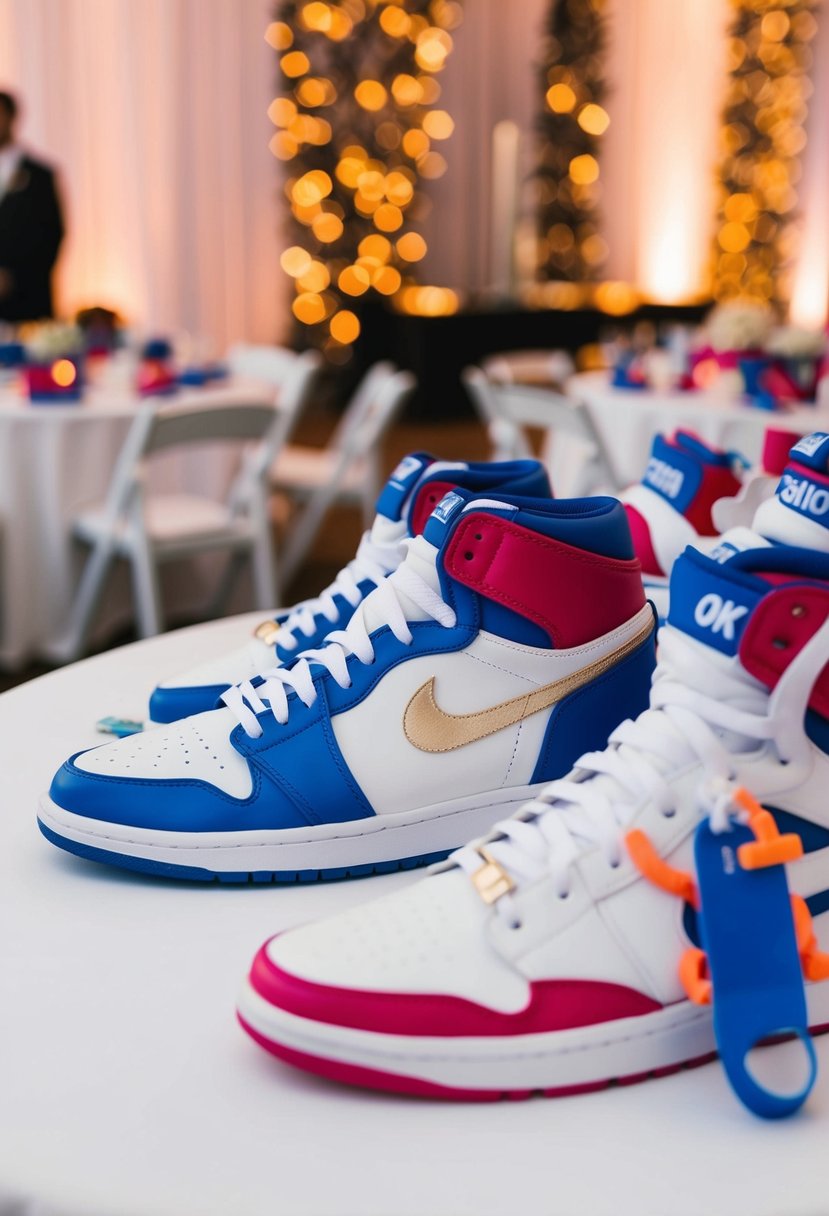 A table adorned with personalized sneaker-themed favors at a lively sneaker ball wedding